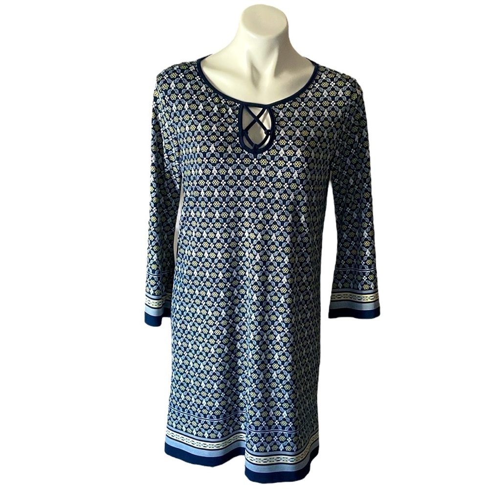 Max Studio Navy Blue Floral Shift Dress With Bell Sleeves Size Medium